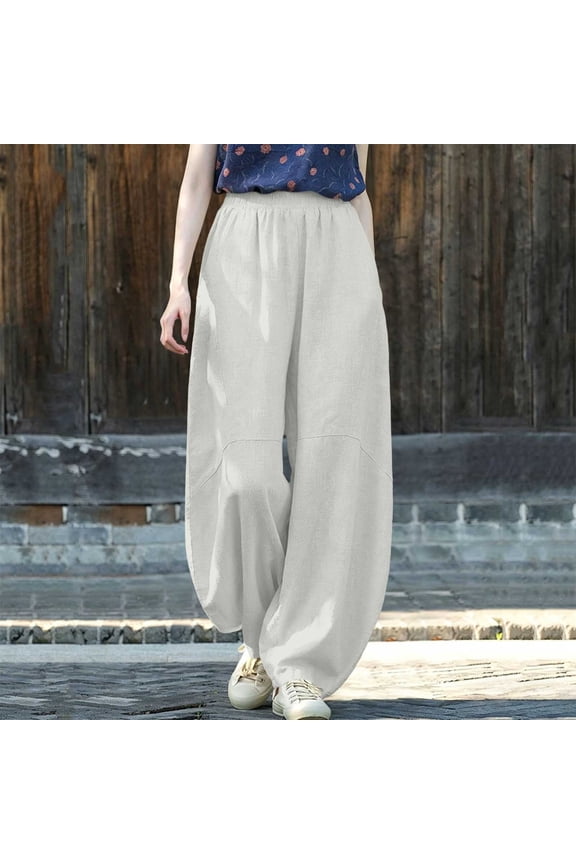 Women Solid Color Baggy Pants Elastic Waist Linen Casual Trousers lightweight Loungewear Daily Wear Beige XL
