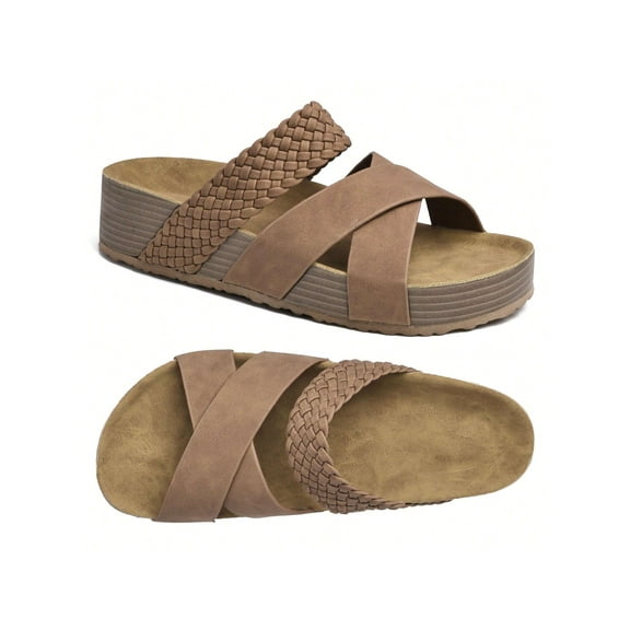 Women Solid Color Beach Sandals, Thick Bottom Braided Cross Casual Slippers