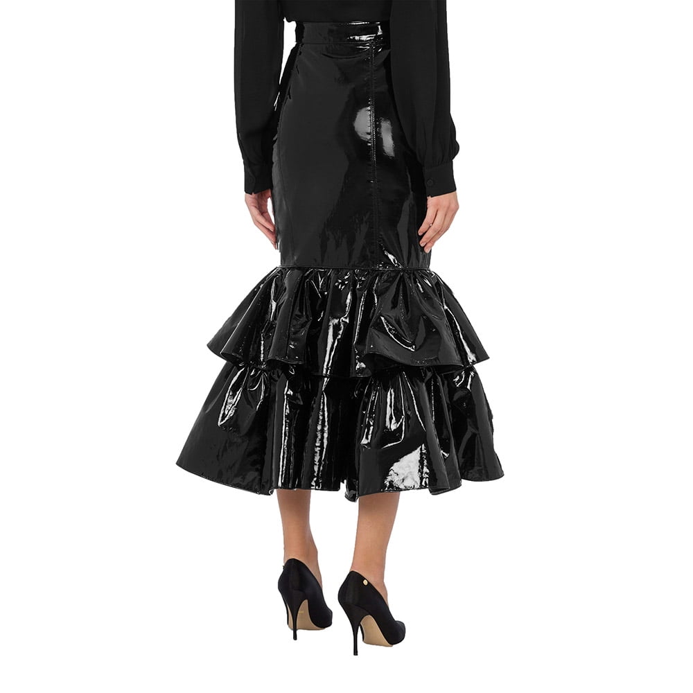 Women Solid Color Bodycon Midi Pencil Skirts High Waist Shiny PVC ...