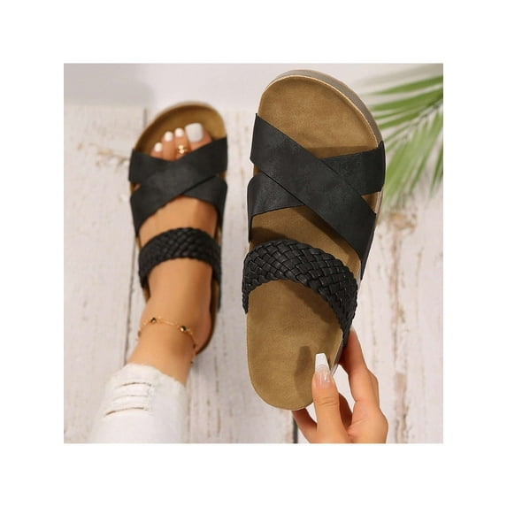 Women Solid Color Braided Sole Cork Footbed Comfortable Beach Walking Sandals