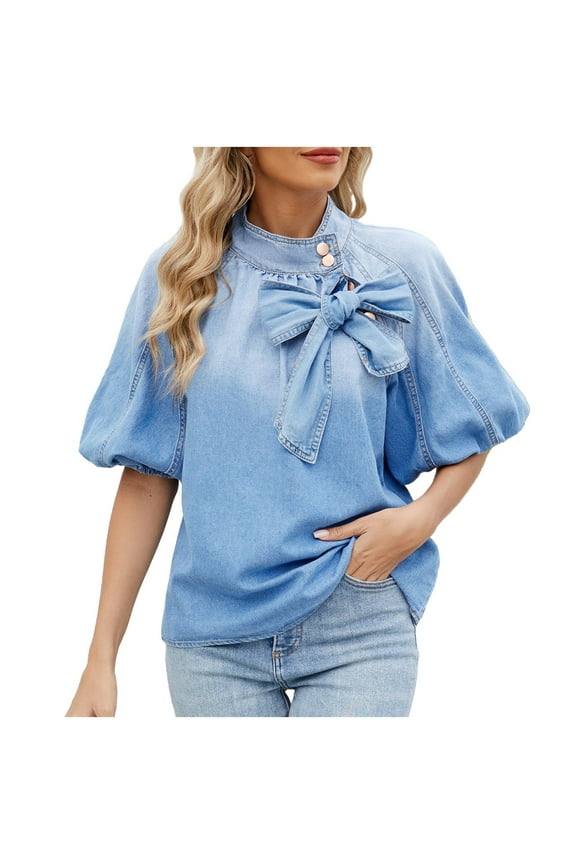 Women Solid Color Button Down Bow Tie Shoulder Short Sleeve Round Neck Blouse Casual Summer Top Loose Fit
