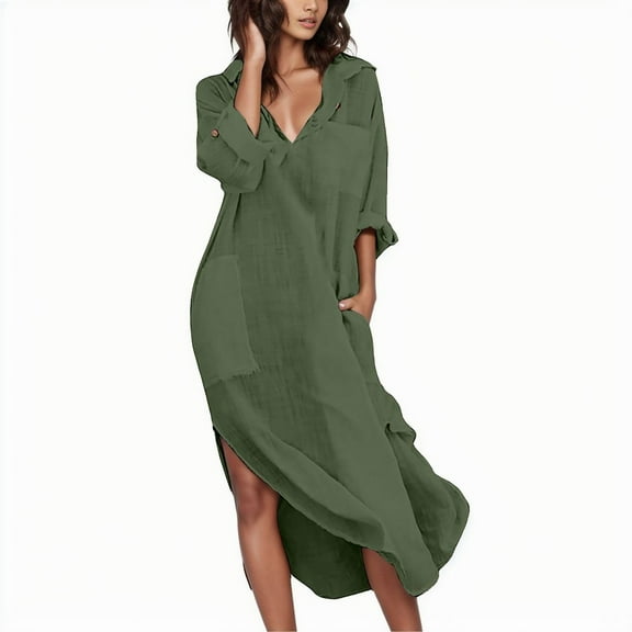 Women Solid Color Button Front Split Loose Shirt Dress - Slub Cotton, Casual & Elegant, Long Sleeve, Round Neck, S-XXL, Autumn/Winter