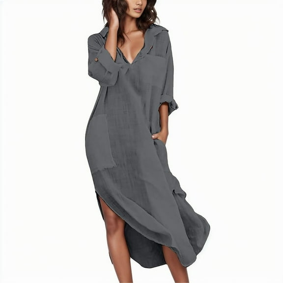 Women Solid Color Button Front Split Loose Shirt Dress - Slub Cotton, Casual & Elegant, Long Sleeve, Round Neck, S-XXL, Autumn/Winter