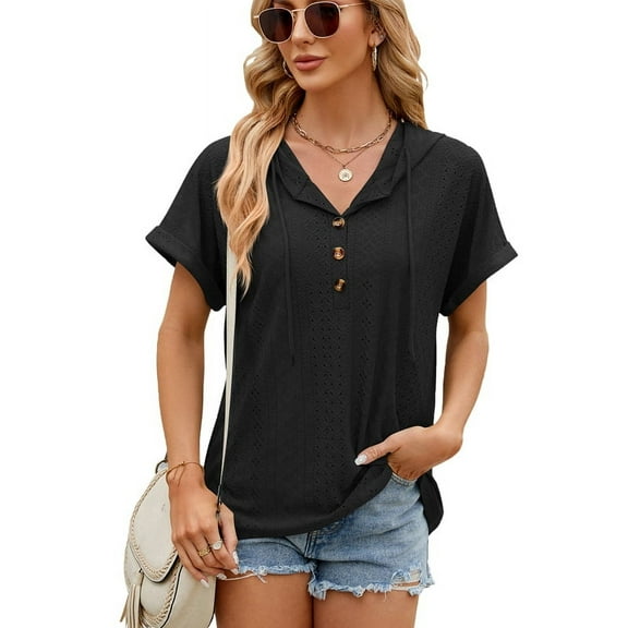 Women Solid Color Button Hollow Out Hooded Blouse Women Summer Tops Casual Drawstring Pullover Tee Shirts Black M