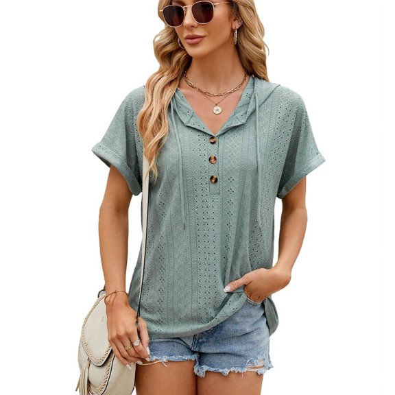Women Solid Color Button Hollow Out Hooded Blouse Women Summer Tops Casual Drawstring Pullover Tee Shirts Dark Green L