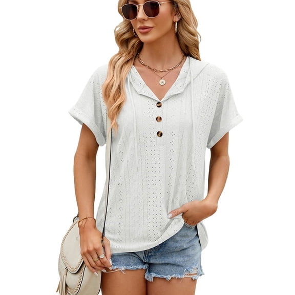 Women Solid Color Button Hollow Out Hooded Blouse Women Summer Tops Casual Drawstring Pullover Tee Shirts White M