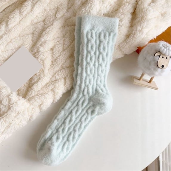Women Solid Color Cable Knit Athletic Style Socks Mixed Thick Winter Warm Wool Mid Tube Footwear Comfort Light Blue