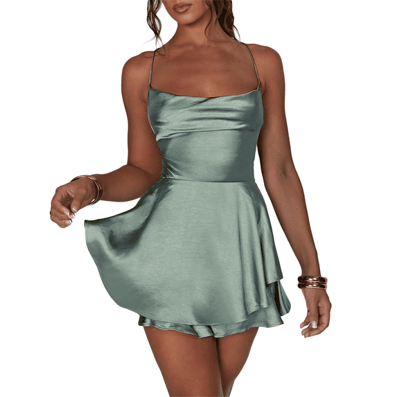 Women Solid Color Cami Playsuits Cowl Neck Sleeveless Short Jumpsuits Summer Cross Tie-Up Backless Romper Clubwear