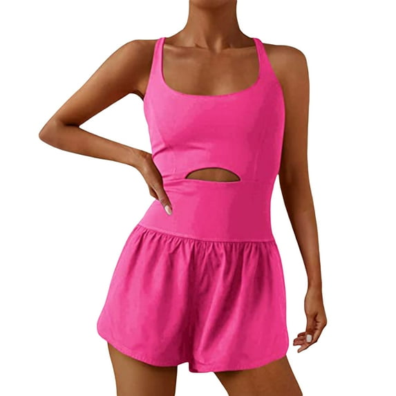 Women Solid Color Cami Playsuits Sleeveless Sports Short Jumpsuits Summer