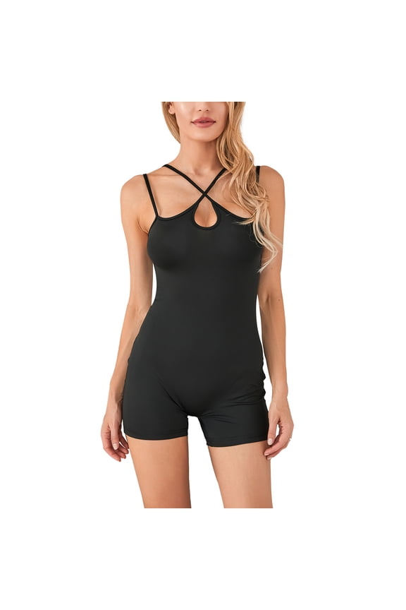 Women Solid Color Cami Playsuits Spaghetti Strap Sleeveless Short Jumpsuits Summer Cross Backless Bodycon Rompers