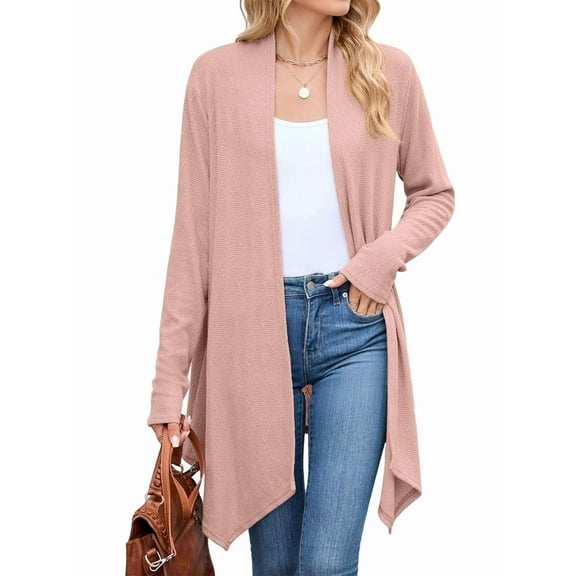 Women Solid Color Cardigan Sweater Open Front Long Casual Beach Kimonos Outfits Pink Leather M
