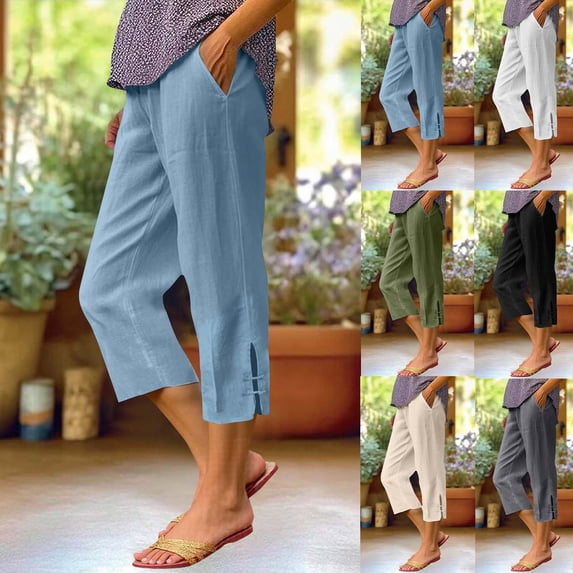 Swuxness Women Full Length Pants Solid Color Pockets Elastic Waist Side Split Casual Soft