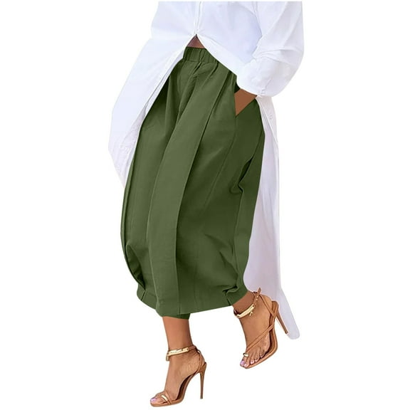 Women Solid Color Casual Elastic Waist Pocket Pleated Fashionable Wide Leg Cropped Pants