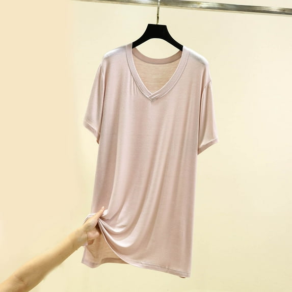 Women Solid Color Casual Fashion V-neck Short Sleeve Medium Length Modal T-shirt Lightweight Summer Top Comfortable Loose Fit Shirt for Women