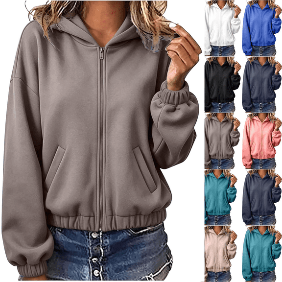 Women Solid Color Casual Long Sleeve Cinch Cuff Zip Up Hooded Sweatshirts Drawstring Loose Leisure Jackets with Pockets