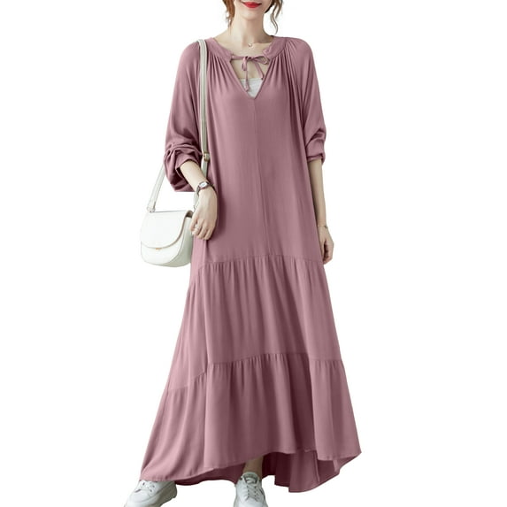 Women Solid Color Casual Long Sleeve High Low Long Dress GA2418 Pink