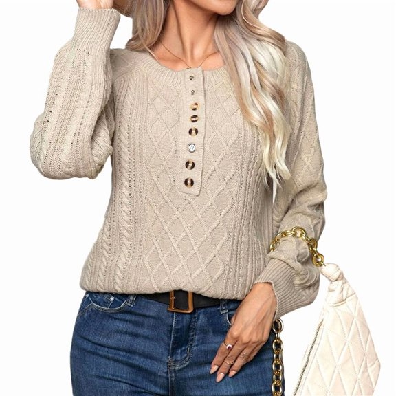Women Solid Color Casual Loose Crew Neck Long Sleeve Cable Knit Chunky Pullover Short Sweater with Buttons Apricot S