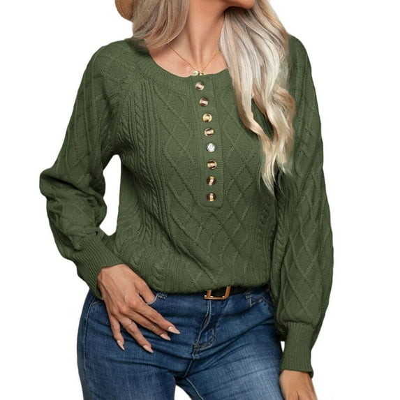 Women Solid Color Casual Loose Crew Neck Long Sleeve Cable Knit Chunky Pullover Short Sweater with Buttons Green XL