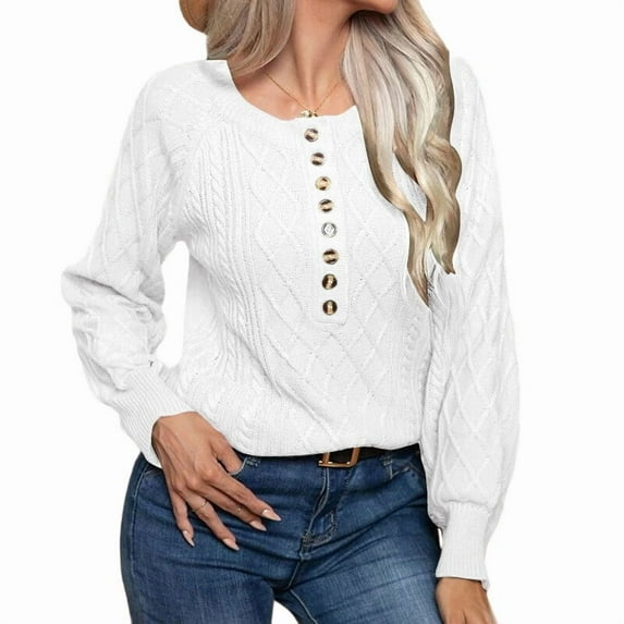 Women Solid Color Casual Loose Crew Neck Long Sleeve Cable Knit Chunky Pullover Short Sweater with Buttons White L