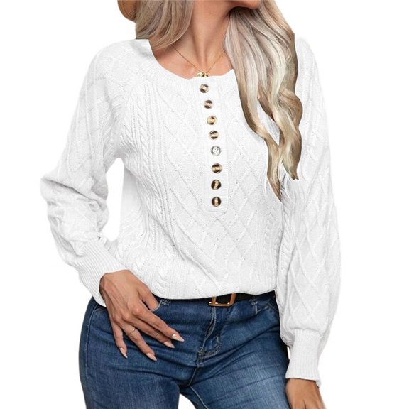 Women Solid Color Casual Loose Crew Neck Long Sleeve Cable Knit Chunky Pullover Short Sweater with Buttons White S