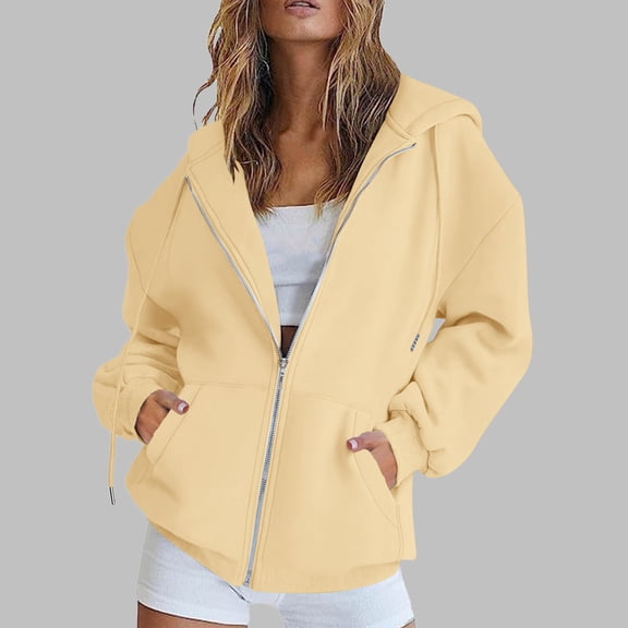 Women Solid Color Casual Loose Warm Zipper Hooded Sweatshirt Pocket Zipper Jacket
