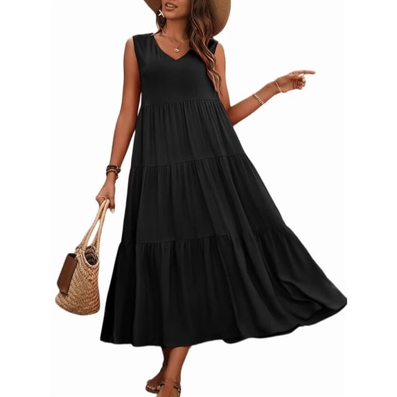 Women Solid Color Casual Midi Dress Black XXL