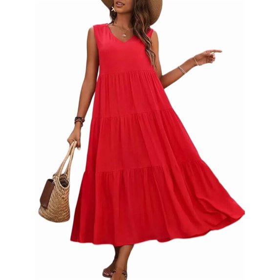 Women Solid Color Casual Midi Dress Red S