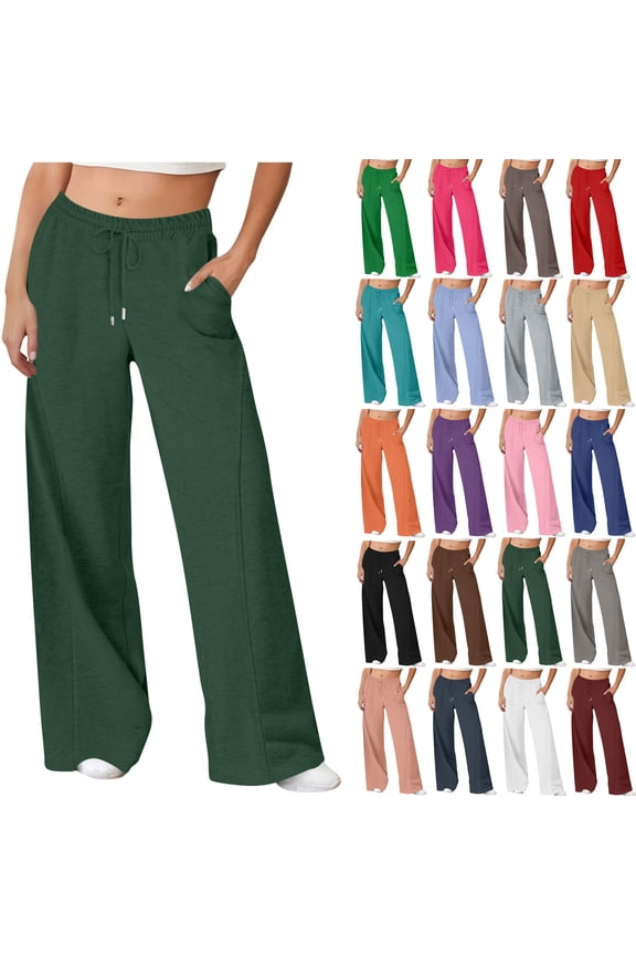 Women Solid Color Casual Straight Leg Wide Leg Drawstring Pocket Sweatpants Long Pants
