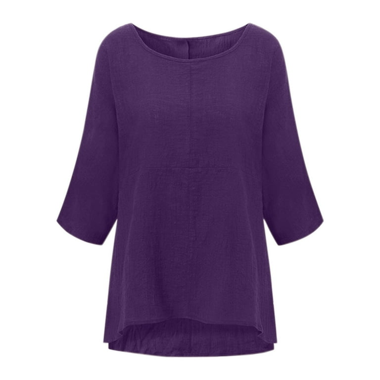 Women Solid Color Cotton Blend Round Neck Three Quarter Sleeve Top Tech T Shirt Womens Loose Fit Workout Shirts Womens Stripes Shirt Soft Cotton Long