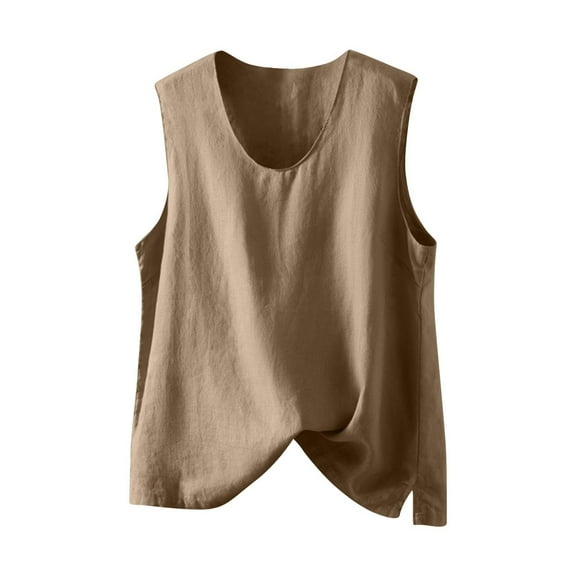 Women Solid Color Cotton Linen Blend Slit Hem Round Neck Pullover Tank Top Summer 2025