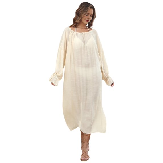 Women Solid Color Cover Up Crew Neck Backless Plus Size Beach Kaftan Dresses Beige One size