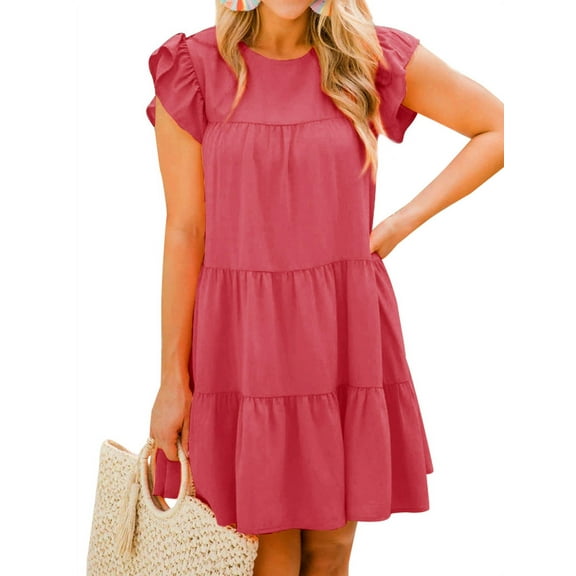 Women Solid Color Crew Neck Ruffled Short Sleeve Dress