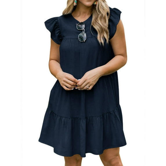 Women Solid Color Crew Neck Ruffled Short Sleeve Dress