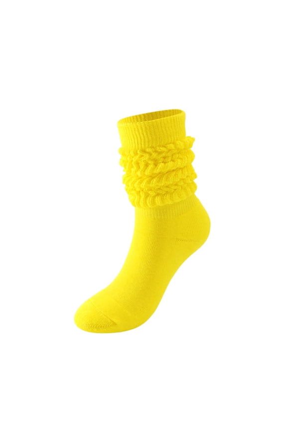 Women Solid Color Crew Socks, Soft Vertical Ribbed Scrunch Mid Calf Socks, Stretchy Fold Over Ruched Casual Socks Yellow M