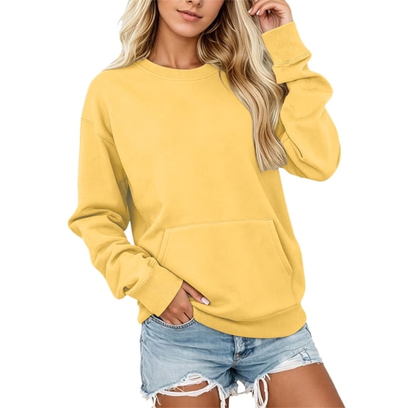 Women Solid Color Crewneck Sweatshirt with Front Pocket, Hoodless Long Sleeve Loose Fit Plain Pullover Top Soft Casual Daily Basic Sweatshirt(Yellow,XXXXL)