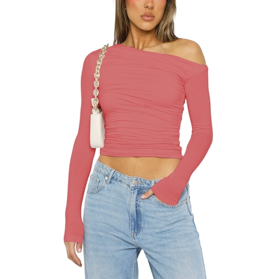 Women Solid Color Crop Tops Oblique Shoulder Long Sleeve T-Shirts