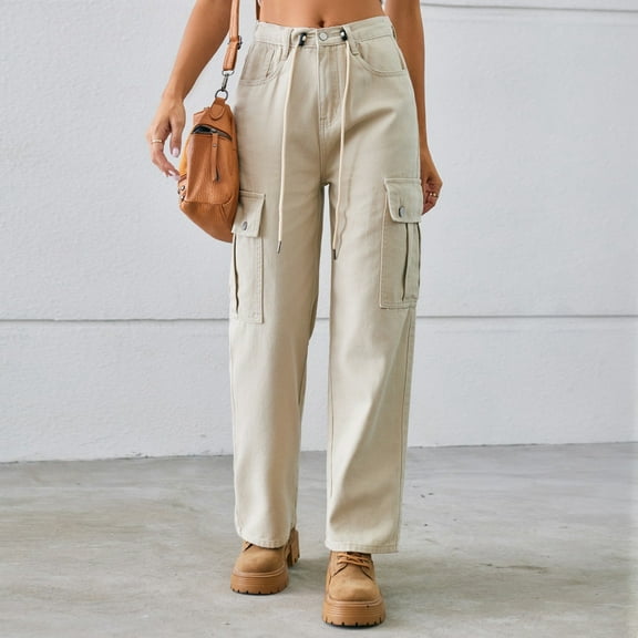 Women Solid Color Denim Drawstring Adjustable Washed Cargo Pants Casual Pants Formal Pants for Women Casual Pants for Women plus Size Petite Women's Casual Pants with Pockets Crop Pants for Women