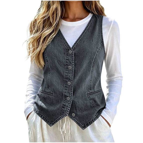 Women Solid‑Color Denim V‑Neck Button‑Front Sleeveless Vest, Fringe‑Hem Outer Gilet for Spring Winter Home Travel Daily Casual Layered Outfits Gray XXL