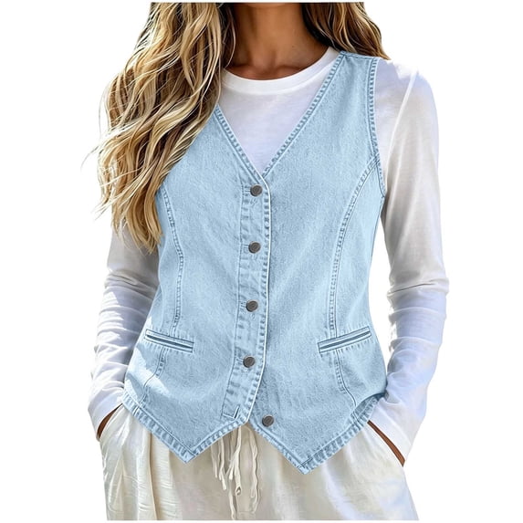 Women Solid‑Color Denim V‑Neck Button‑Front Sleeveless Vest, Fringe‑Hem Outer Gilet for Spring Winter Home Travel Daily Casual Layered Outfits Light Blue M