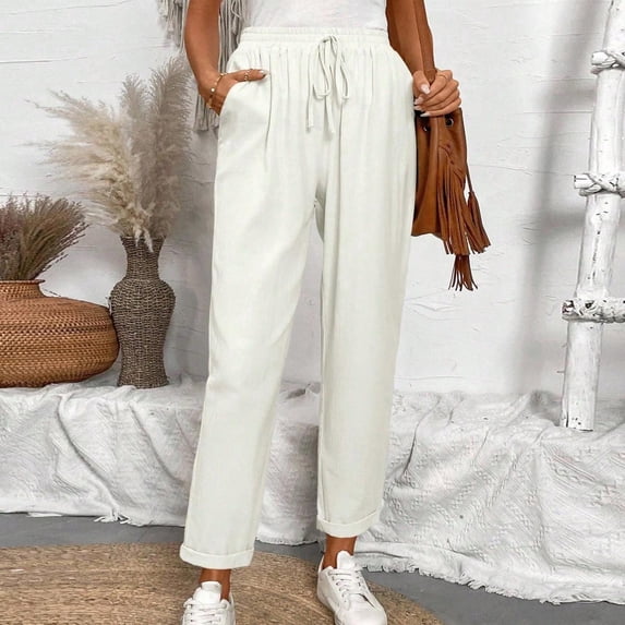 Women Solid Color Drawstring Elastic Waist Long Pants with Pockets Stretchy Casual