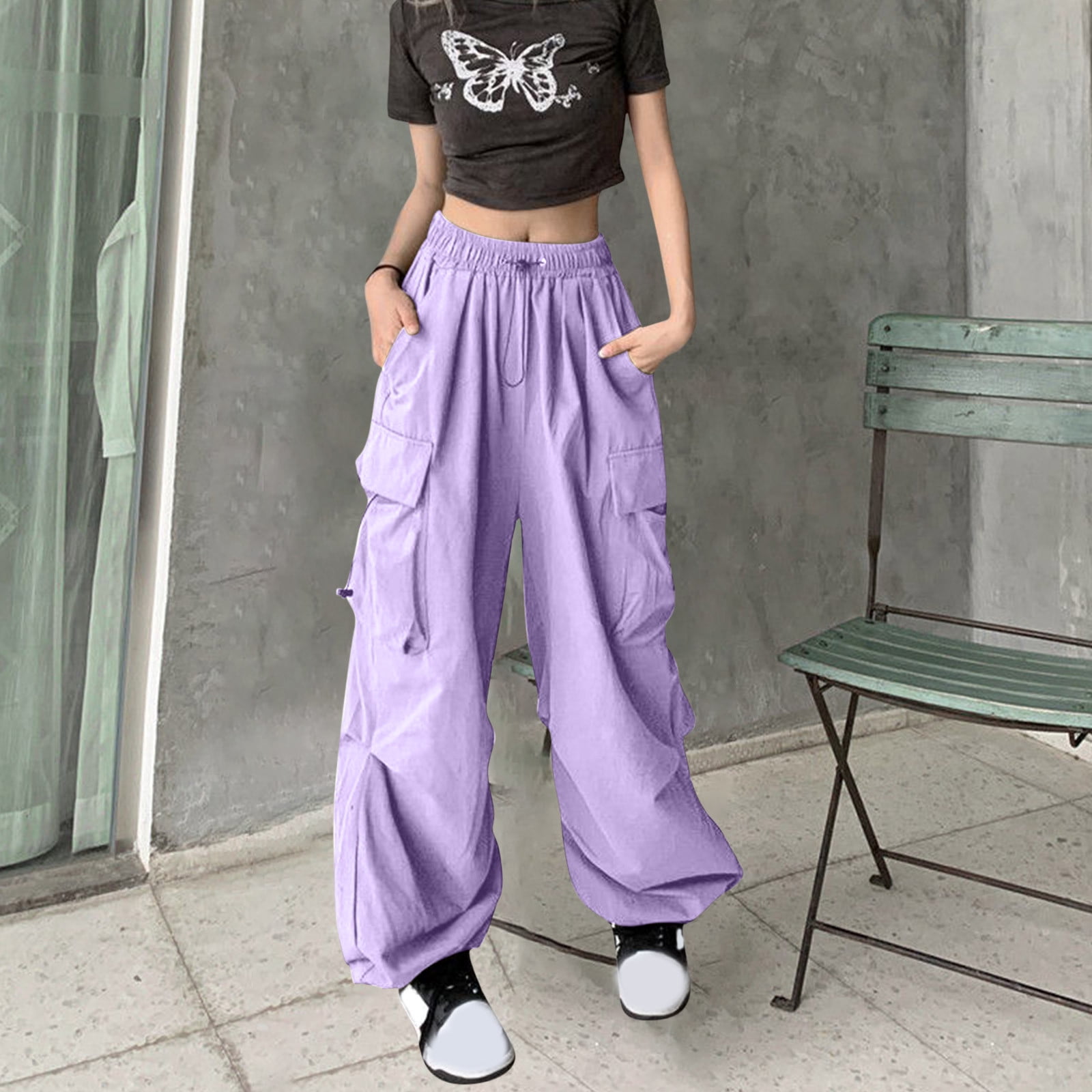Women Solid Color Drawstring High Waisted Cargo Pants Ankle Tied Workwear Trouser Purple M