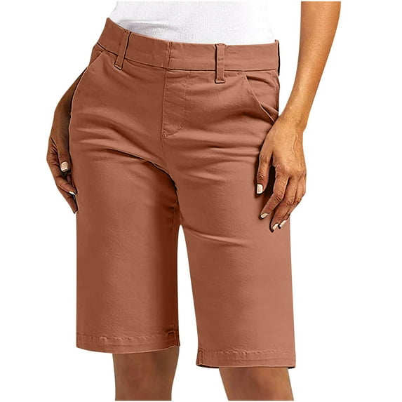 Women Solid Color Elastic Twill Slim Waist Jumpsuit Regular Hiking Shorts With Pockets Summer Casual Shorts Five Quarter Pants
