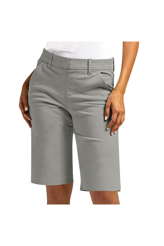 Women Solid Color Elastic Twill Slim Waist Jumpsuit Regular Hiking Shorts with Pockets Summer Casual Shorts Five Quarter Pants