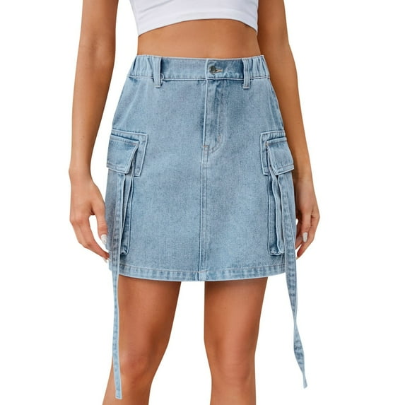 Women Solid Color Elastic Waist Ribbon Design Denim Work Skirt Casual Short Skirt