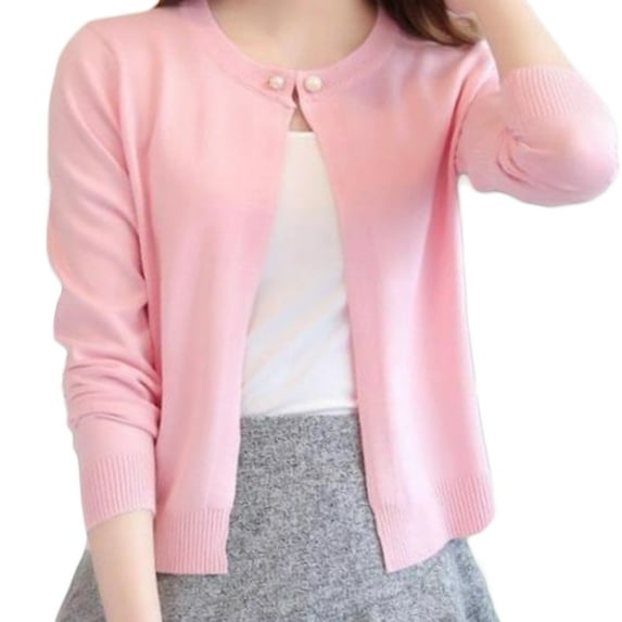 Women Solid Color Faux Pearl Button Short Knitted Cardigan Sweater Slim Shrug