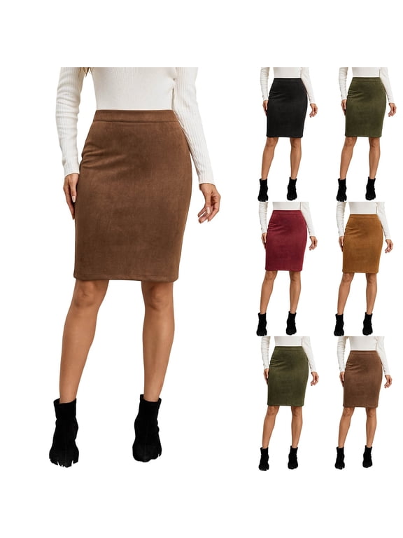 Women Solid Color Faux Suede Patchwork Midi Skirt High Waist Back Zip A Line Mid Length Skirt Casual Fall Winter Brown-faux Suede Skirt XL(XL)
