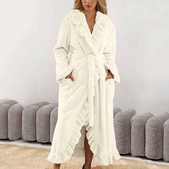 Women Solid Color Flannel Robes Bathrobe Ruffle Bathrobe Long Sleeve Robes White M