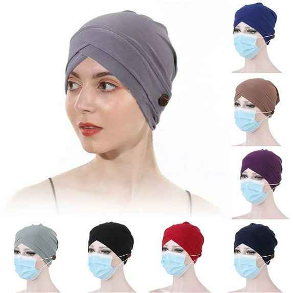 Women Solid Color Front Cross Beanie Bonnet Breathable Hat Cap with Button-Sapphire Blue