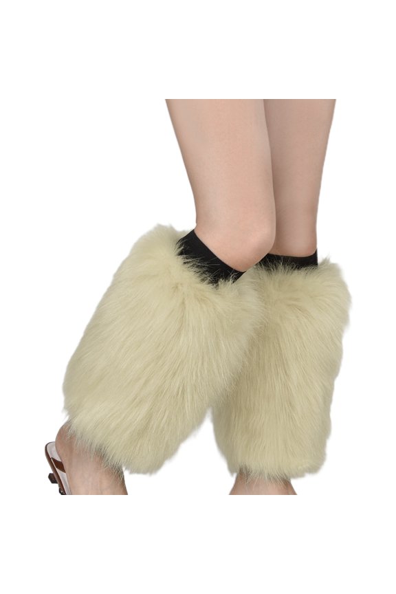 Women Solid Color Furry Leg Warmers Winter Warm Fuzzy Faux Fur Boots Cuffs Covers Sleeves Calf Length Socks Partywear