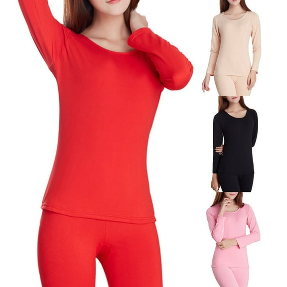 Women Solid Color High Elasticity Long Sleeve Thermal Underwear Top Pants Set